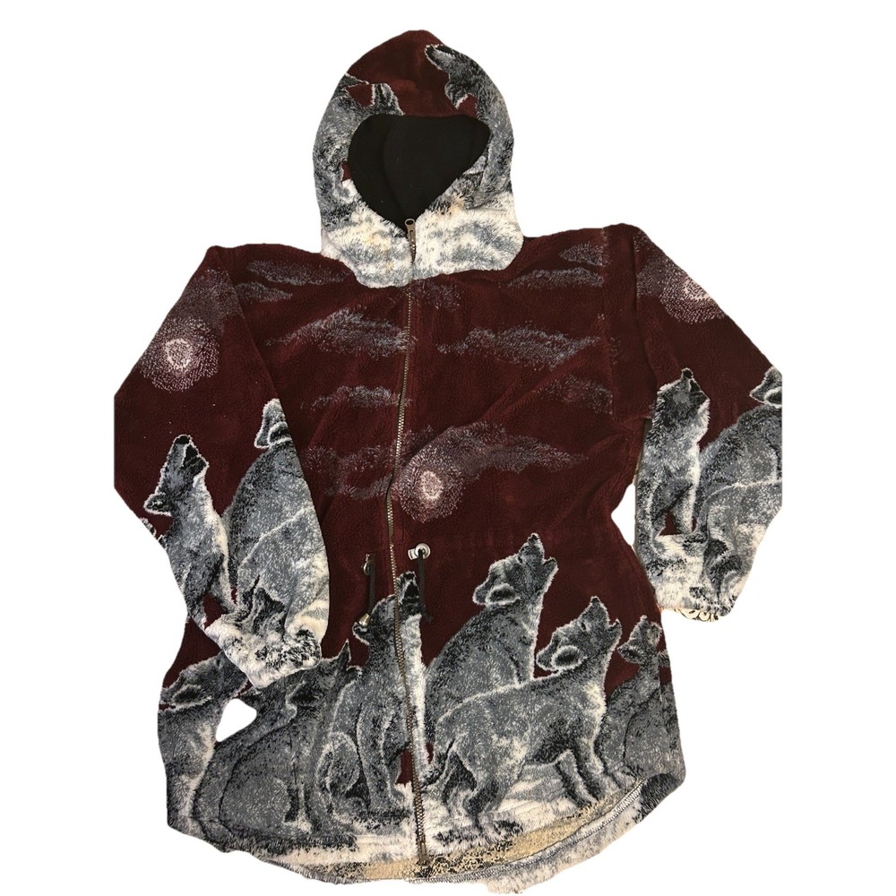 Vintage Natural Reflections Sherpa Hooded Jacket Wolves Nature Fleece M USA Made
